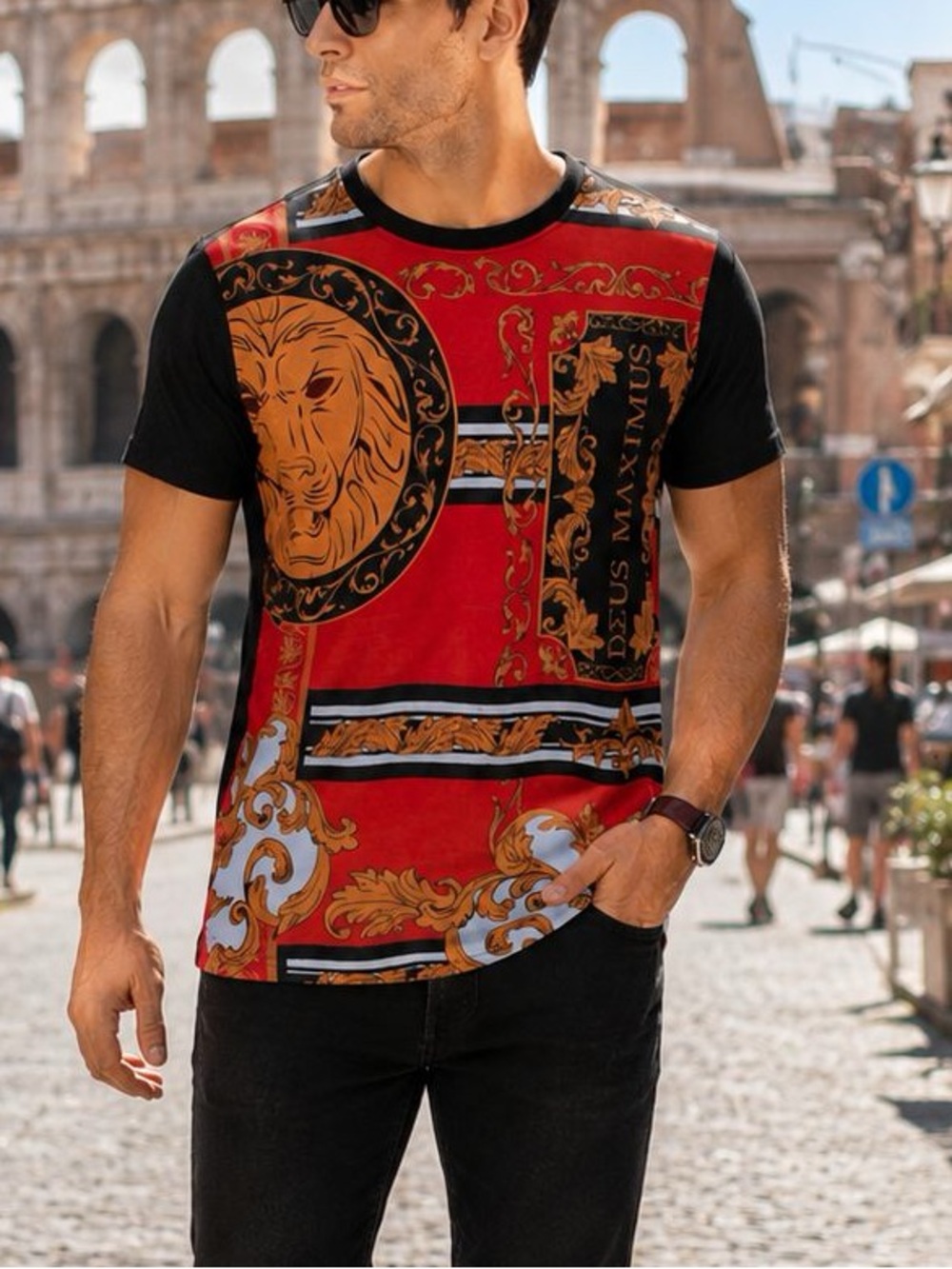 Young Republic Men's Red and Black Graphic Crew Neck T-Shirt